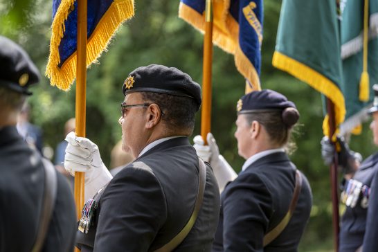 Flags flutter in the wind as veterans stand together in solidarity